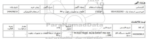 استعلام الکترونیکی، قطعات و تجهیزات رطوبت و PH