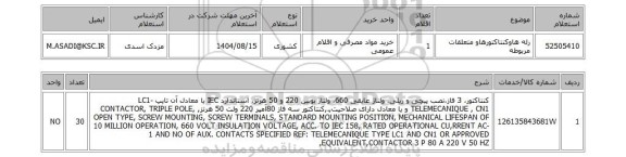 استعلام رله هاوکنتاکتورهاو متعلقات مربوطه
