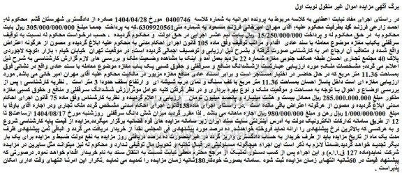 مزایده سرقفلی یکباب مغازه