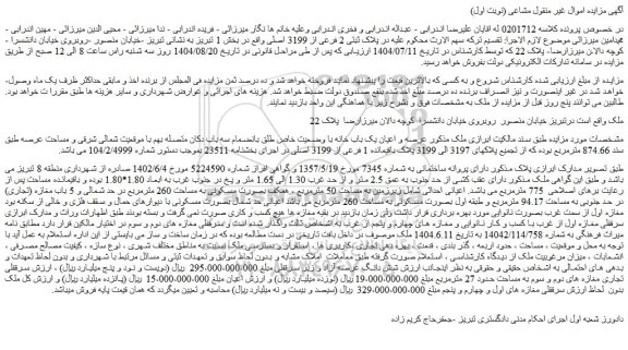 مزایده عرصه و اعیان یک باب خانه با وضعیت خاص طلق بانضمام سه باب دکان متصله بهم با موقعیت شمالی شرقی و مساحت عرصه طبق سند 874.66 مترمربع