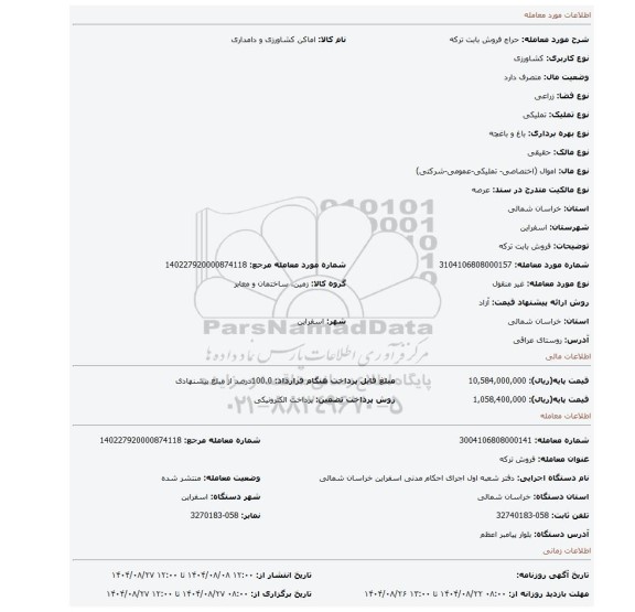 مزایده، فروش بابت ترکه