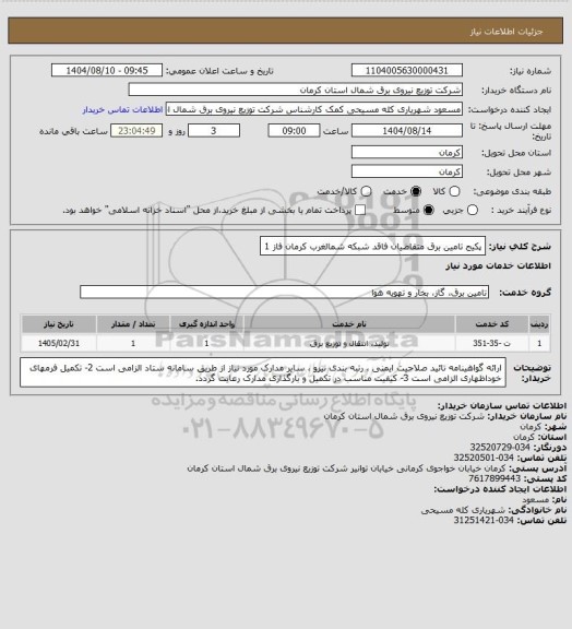 استعلام پکیج تامین برق متقاضیان فاقد شبکه شمالغرب کرمان فاز 1