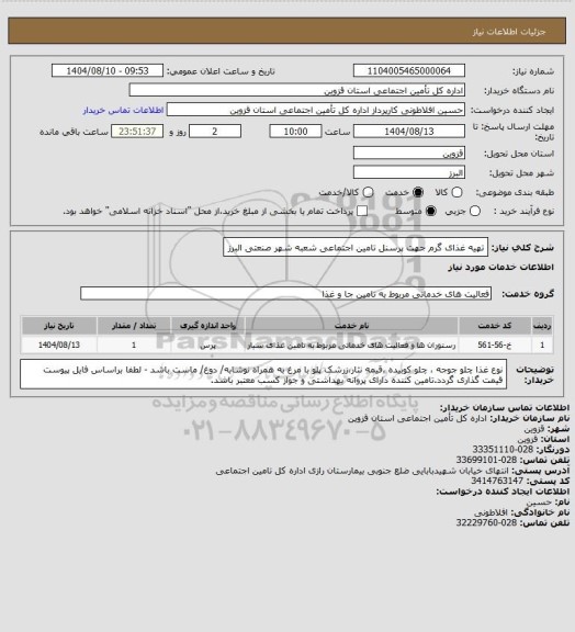 استعلام تهیه غذای گرم جهت پرسنل تامین اجتماعی شعبه شهر صنعتی البرز