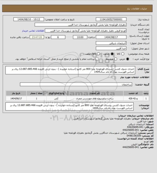استعلام احداث جدول کشی روستای قورتلوجه علیا  800  متر کانیو (استاده خوابیده ) -    بدون ارزش افزوده 12،687،685،466 ریال بر اساس فهرست بهاء راه باند سال1404