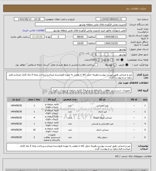 استعلام میز و صندلی طبق لیست پیوست،هزینه حمل کالا تا مقصد به عهده فروشنده میباشد،پرداخت وجه 3 ماه کاری میباشد،فرم براورد پر و پیوست گردد