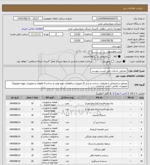 استعلام مصرفی خدمات طبق لیست پیوست