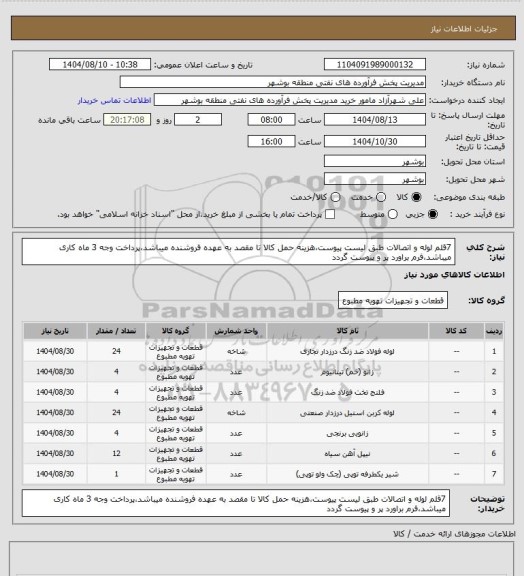 استعلام 7قلم لوله و اتصالات طبق لیست پیوست،هزینه حمل کالا تا مقصد به عهده فروشنده میباشد،پرداخت وجه 3 ماه کاری میباشد،فرم براورد پر و پیوست گردد