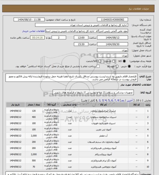 استعلام قزلحصار اقلام دارویی به شرح لیست پیوستی حداقل یکسال تاریخ انقضا هزینه حمل برعهده فروشنده ارائه پیش فاکتور و مجوز فروش پیوست در سامانه الزامی می باشد.