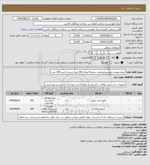 استعلام موادشوینده مایع دستشوئی سفید4 لیتری 300 عدد،شیشه شور 200 عدد