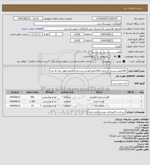 استعلام 460کیلو شنیسل مرغ تازه
1400کیلو گوشت مرغ تازه
33کیلو ماهی قزل الا تازه
