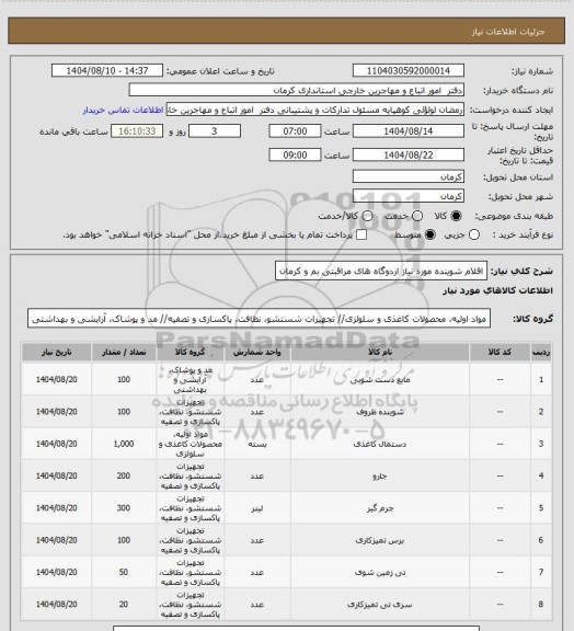 استعلام اقلام شوینده مورد نیاز اردوگاه های مراقبتی بم و کرمان