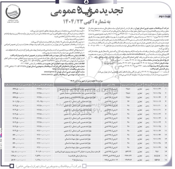 تجدید مزایده فروش 18 قطعه زمین- نوبت دوم