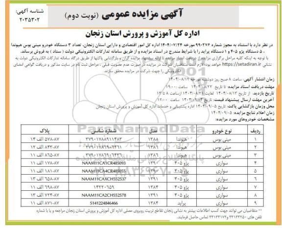 مزایده فروش 3 دستگاه خودرو مینی بوس هیوندا ... ​​​​​​​نوبت دوم 