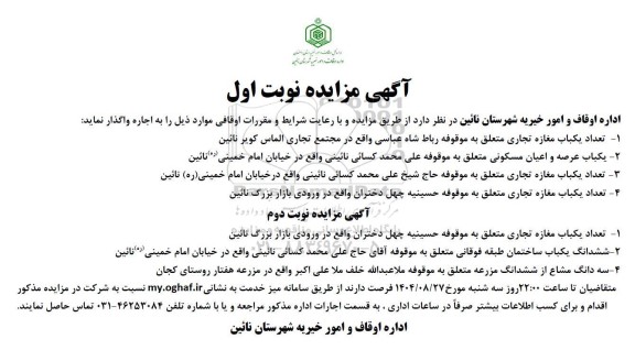 مزایده تعداد یکباب مغازه تجاری و ...