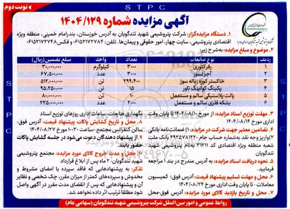 مزایده رفرکتوری و .... نوبت دوم 