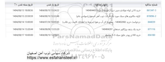 استعلام خرید 8 تن لوله فولادی بدون درز....