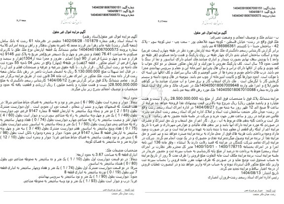 مزایده تمامی ششدانگ یک قطعه آپارتمان نوع ملک طلق با کاربری مسکونی به مساحت 76.41 