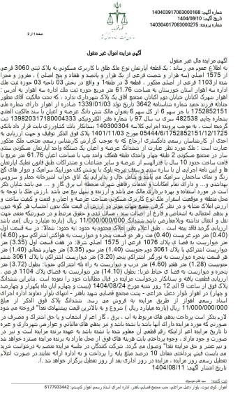 مزایده یک قطعه آپارتمان نوع ملک طلق با کاربری مسکونی به پلاک ثبتی 3060 فرعی از 1575 اصلی