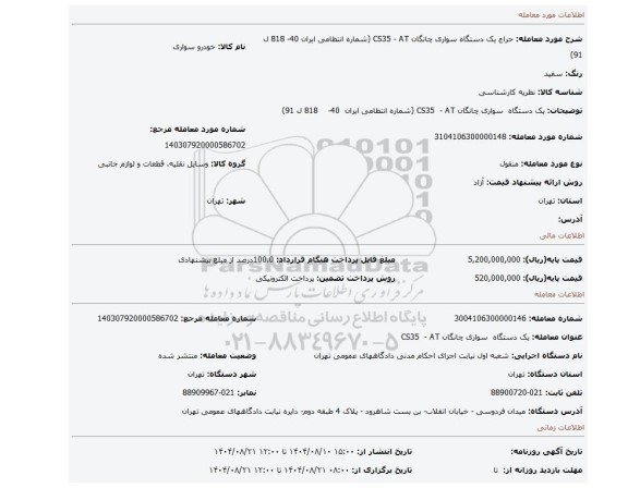 مزایده، یک دستگاه  سواری چانگان CS35  - AT (شماره انتظامی ایران  40-    818 ل 91)