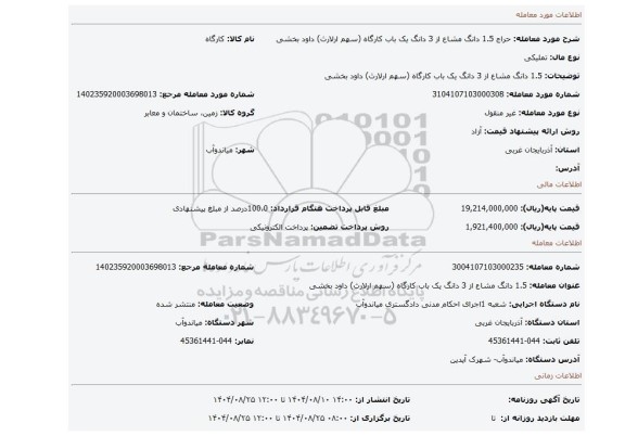 مزایده، 1.5 دانگ مشاع از 3 دانگ یک باب کارگاه (سهم ارلارث) داود بخشی