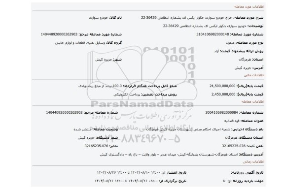 مزایده، خودرو سواری جکوار ایکس ای بشماره انتظامی 36429-22