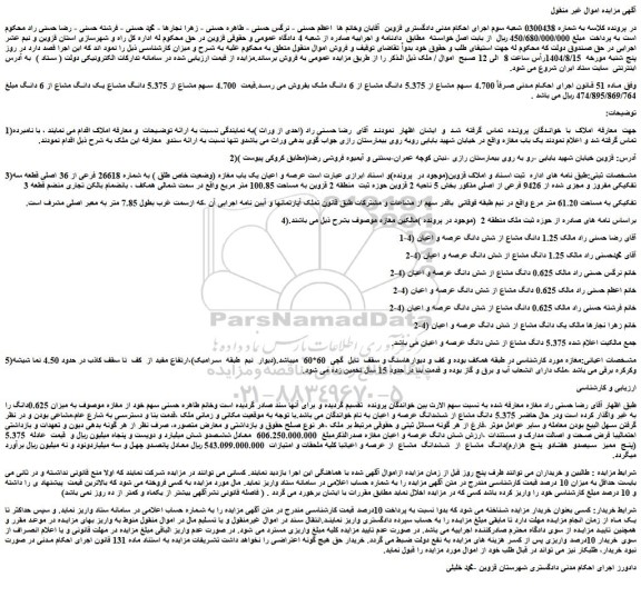 مزایده عرصه و اعیان یک باب مغازه (وضعیت خاص طلق ) به شماره 26618 فرعی از 36 اصلی قطعه سه تفکیکی مفروز و مجزی شده از 9426 فرعی از اصلی