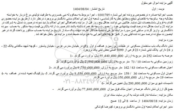 مزایده شش دانگ یک باب ساختمان مسکونی