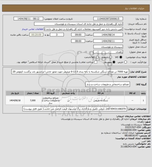 استعلام تهیه 7000 تن مصالح سنگی شکسته با دانه بندی 12.5-0 میلیمتر جهت محور خاش- ایرانشهر باند برگشت کیلومتر 25