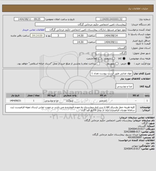 استعلام مواد غذایی طبق لیست پیوست تعداد 1