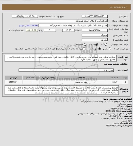 استعلام عملیات اجرایی حفر دوحلقه چاه دستی واجرای کانال زهکش جهت تامین ابشرب روستاهای احمد اباد منو زمین تومان ولایروبی چاه روستای ملکن از شهرستان بشاگرد