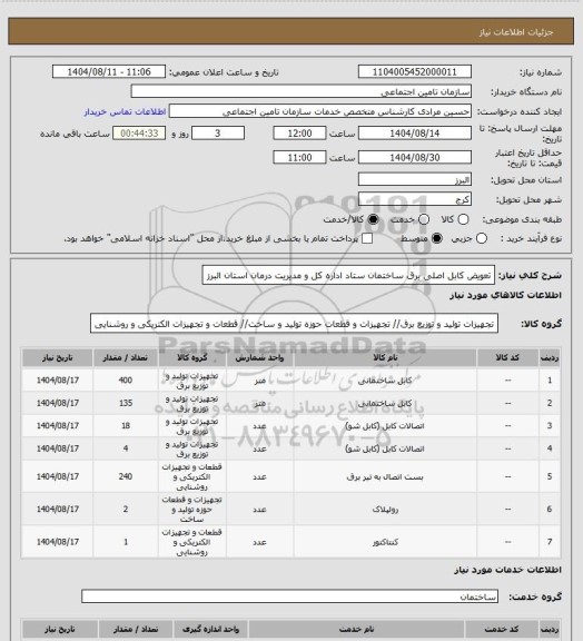 استعلام تعویض کابل اصلی برق ساختمان ستاد اداره کل و مدیریت درمان استان البرز