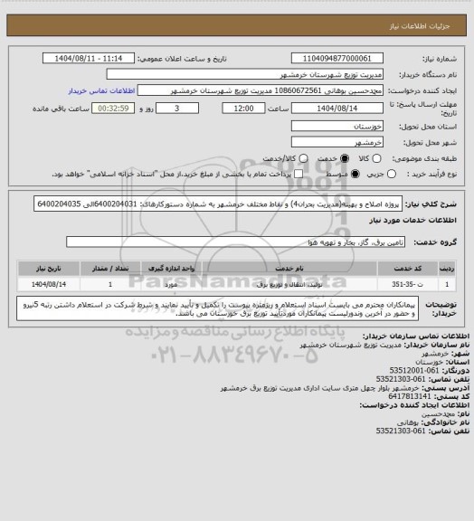 استعلام پروژه اصلاح و بهینه(مدیریت بحران4) و نقاط مختلف خرمشهر به شماره دستورکارهای: 6400204031الی 6400204035