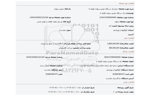 مزایده، یک دستگاه خودرو سواری کوئیک s
