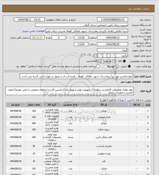 استعلام لوازم التحریر مورد نیاز بیمارستان شهید املاکی کومله . هزینه ارسال و تحویل بر عهده تامین کننده می باشد.