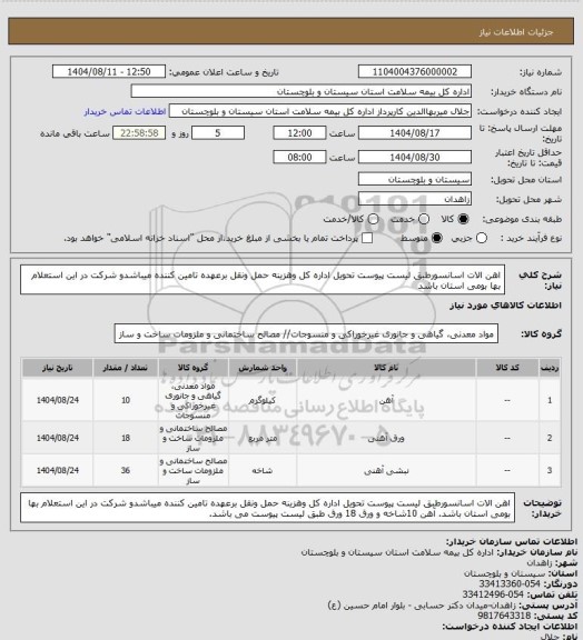 استعلام اهن الات اسانسورطبق لیست پیوست  تحویل اداره کل وهزینه حمل ونقل برعهده تامین کننده میباشدو شرکت در این استعلام بها بومی استان باشد