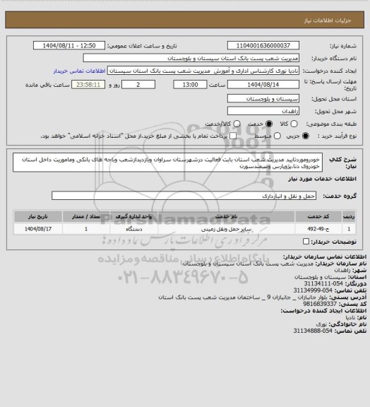 استعلام خودروموردتایید مدیریت شعب استان بابت فعالیت درشهرستان سراوان وبازدیدازشعب وباجه های بانکی وماموریت داخل استان خودروی دنا،پژوپارس وسمندسورن