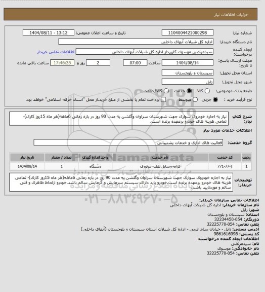استعلام نیاز به اجاره خودروی سواری جهت شهرستان سراوان وگلشن به مدت 90 روز در بازه زمانی 6ماهه(هر ماه 15روز کاری)- تمامی هزینه های خودرو برعهده برنده است.