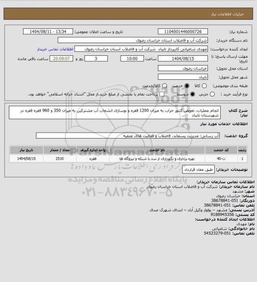 استعلام انجام عملیات، تعویض کنتور خراب  به میزان 1200  فقره و نوسازی  انشعاب آب مشترکین به میزان 350 و 960 فقره فقره  در شهرستان تایباد