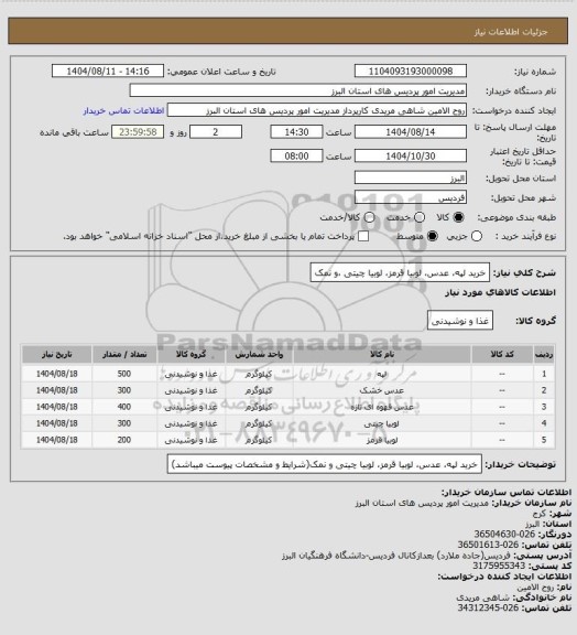 استعلام خرید لپه، عدس، لوبیا قرمز، لوبیا چیتی ،و نمک