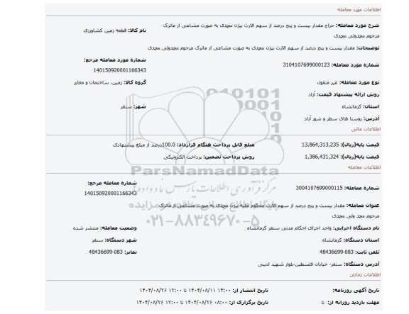 مزایده، مقدار بیست و پنج درصد از سهم الارث بیژن محمدی به صورت مشاعی از ماترک مرحوم محمدولی محمدی