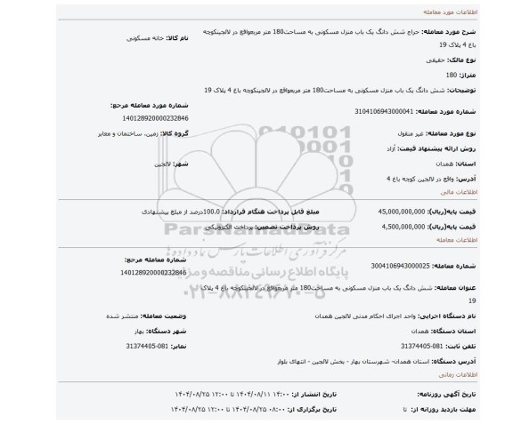 مزایده، شش دانگ یک باب منزل مسکونی به مساحت180 متر مربعواقع در لالجینکوچه باغ 4 پلاک 19