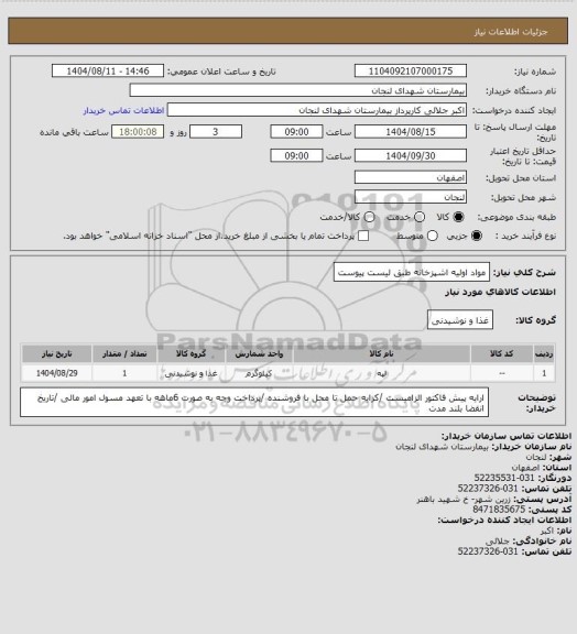 استعلام مواد اولیه اشپزخانه طبق لیست پیوست