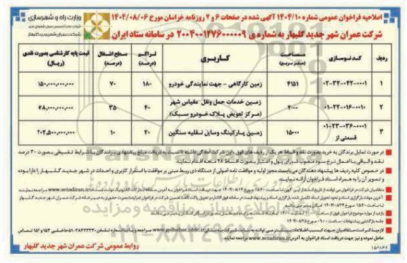 اصلاحیه فراخوان عمومی مزایده زمین کارگاهی ... 