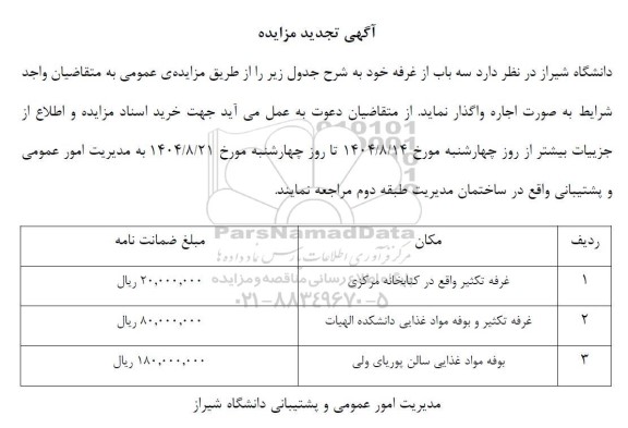 تجدید مزایده اجاره سه باب از غرفه