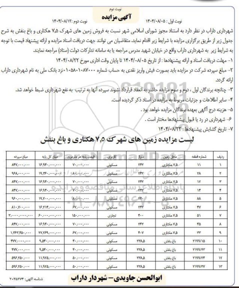 مزایده فروش زمینهای ... نوبت دوم