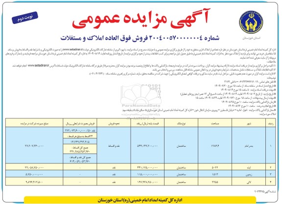 مزایده فروش فوق العاده املاک و مستغلات نوبت دوم