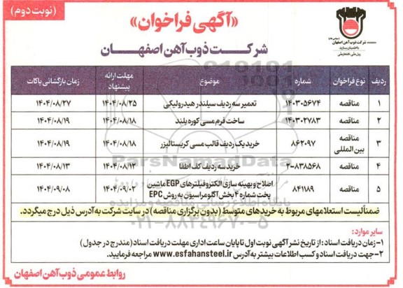فراخوان مناقصه تعمیر سه ردیف سیلندر هیدرولیکی....- نوبت دوم 