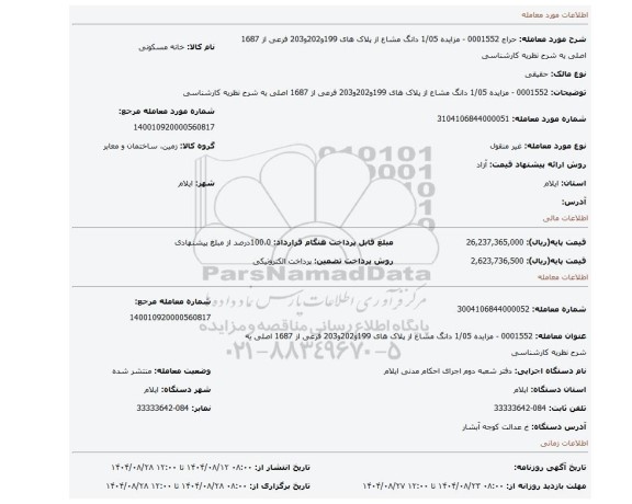 مزایده،  0001552 - مزایده 1/05 دانگ مشاع از پلاک های 199و202و203 فرعی از 1687 اصلی یه شرح نظریه کارشناسی