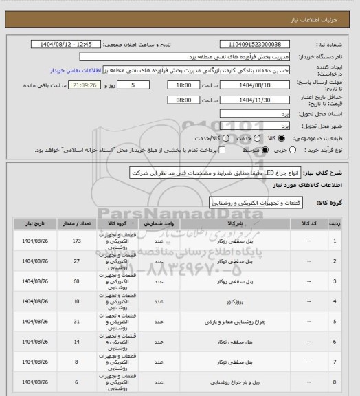 استعلام انواع چراغ LED  دقیقا مطابق شرایط و مشخصات فنی مد نظر این شرکت