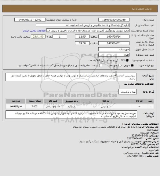 استعلام سوسیس آلمانی40درصد برندهای البا،پانیل،شاندرانیک و زئوس وشام ایرانی هزینه حمل تا محل تحویل با تامین کننده می باشد.